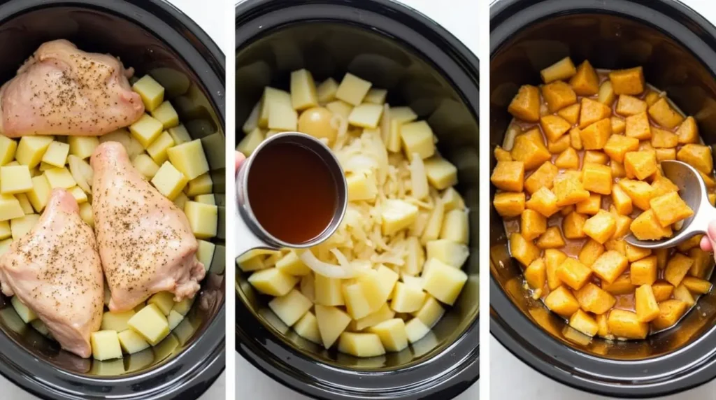 A step-by-step visual guide to making a chicken potato crock pot meal, from seasoning to the final cooked dish