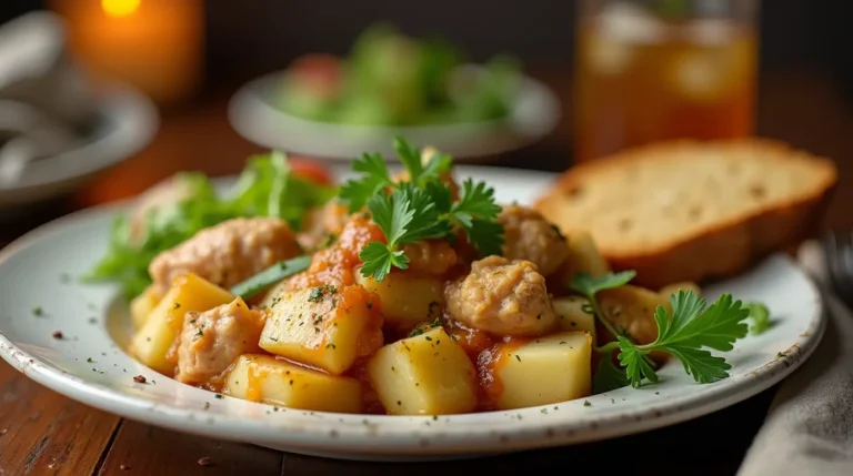 A plated serving of chicken potato crock pot with a crisp green salad, garlic bread, and iced tea, perfect for a comforting meal