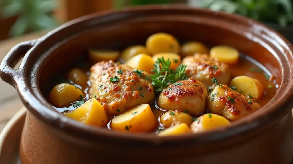 A comforting chicken potato crock pot dish with tender chicken, fluffy potatoes, and rich broth, served in a rustic slow cooker.