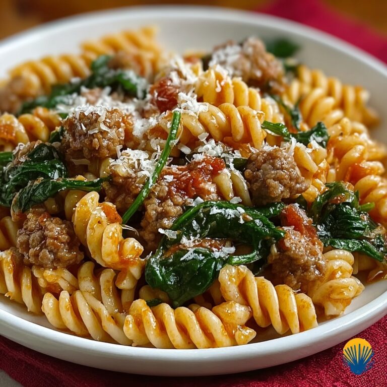 Garlic Butter Rotini with Beef, Italian Sausage & Spinach Recipe